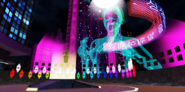 The 5th International VR Awards - Virtual World Hop Experience visual including virtual reality human figure in light blue on the right, purple background that appears like a building with blacked out windows and icons for users in multiple colours along the bottom left to the right